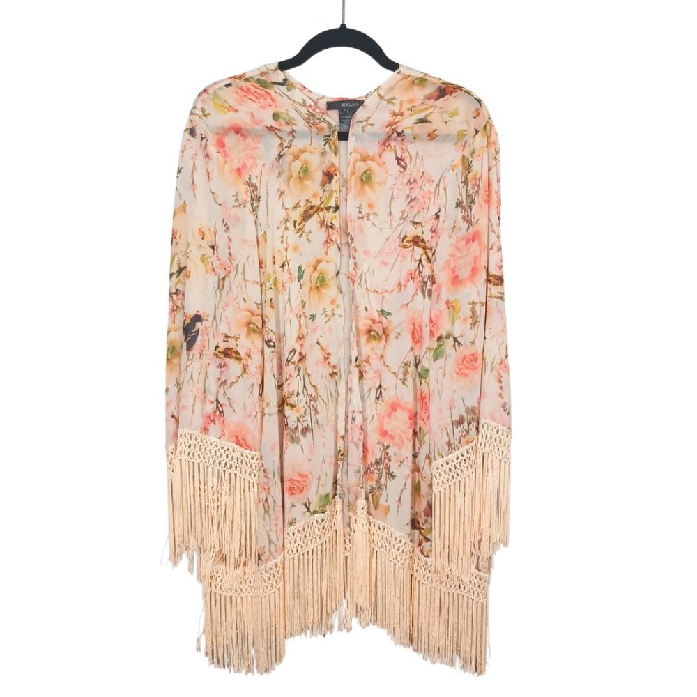 ROUGE F Floral Fringe Kimono One Size Cream Peach Shawl